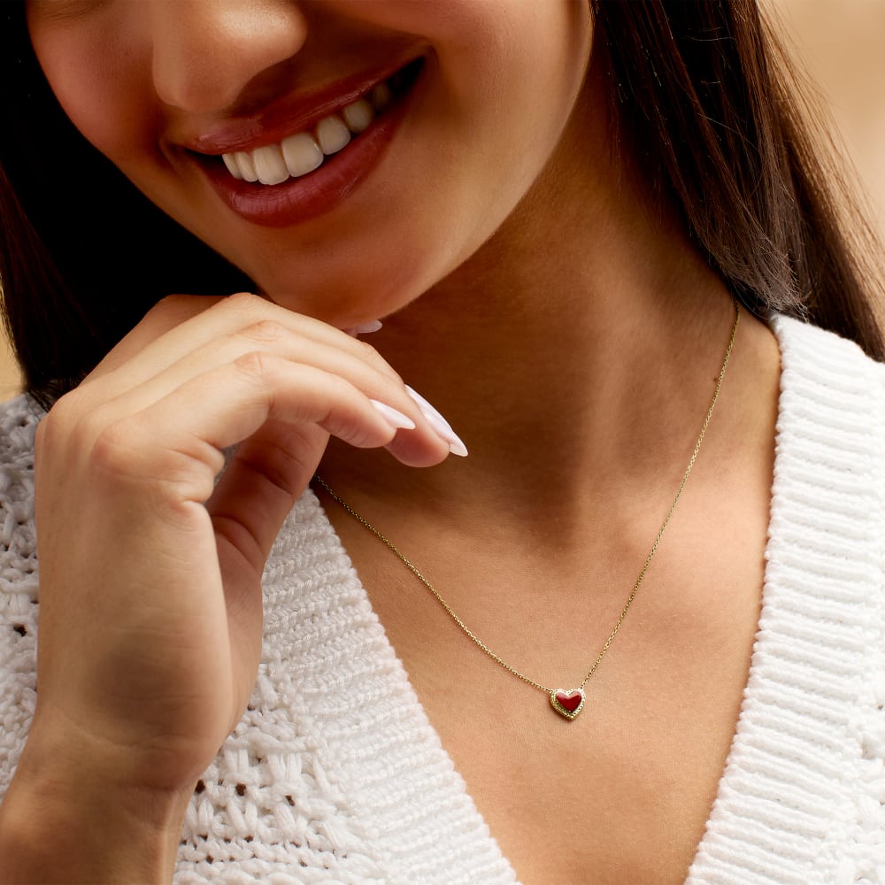 Red Enamel Heart Necklace with Diamond Accents in 14kt Yellow Gold