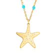 Italian 14kt Yellow Gold Starfish and Blue Enamel Station Necklace