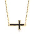 Black Enamel Sideways Cross Necklace in 14kt Yellow Gold