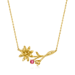 Ruby-Accented Water Lily Flower Necklace in 14kt Yellow Gold