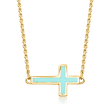 Turquoise Enamel Sideways Cross Necklace in 14kt Yellow Gold