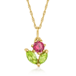 .20 Carat Rhodolite Garnet and .30 ct. t.w. Peridot Flower Pendant Necklace in 14kt Yellow Gold