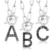 Black Diamond Initial Paper Clip Link Toggle Necklace in Sterling Silver