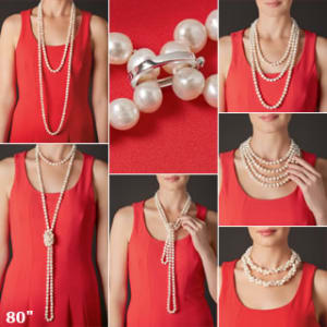 7 different pictures of how an 80-inch necklace is worn.