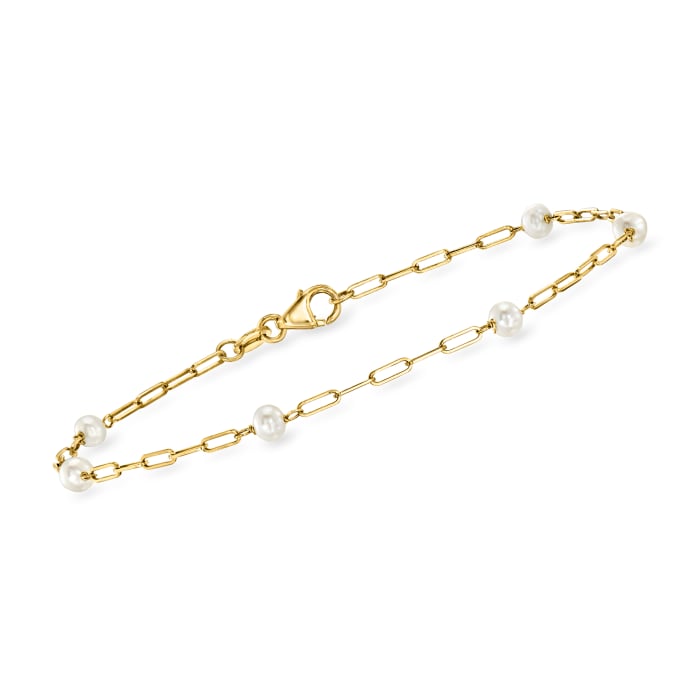3-4mm Cultured Pearl and 14kt Yellow Gold Paper Clip Link Station Bracelet