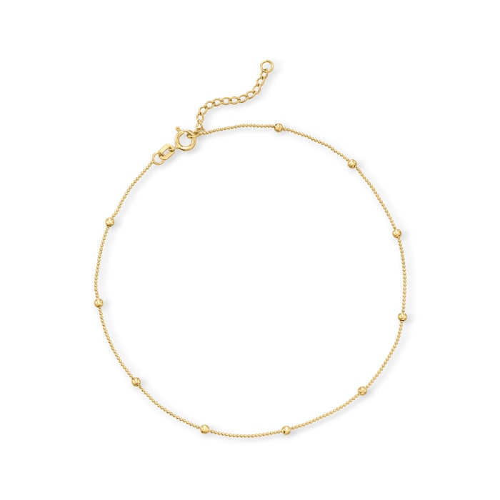 2mm 14kt Yellow Gold Diamond-Cut Bead Station Anklet
