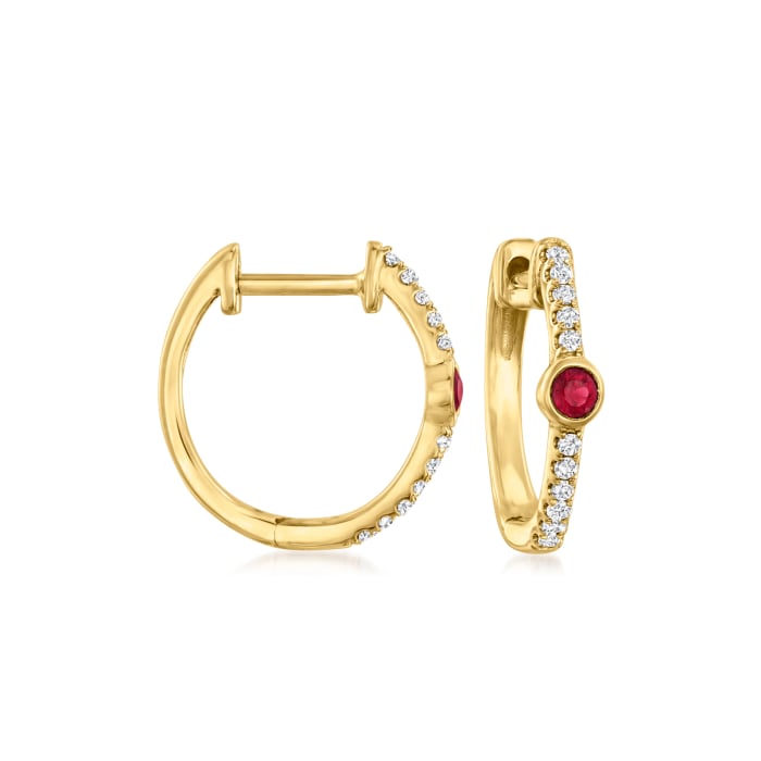 Ruby and Diamond-Accented Huggie Hoop Earrings in 14kt Yellow Gold