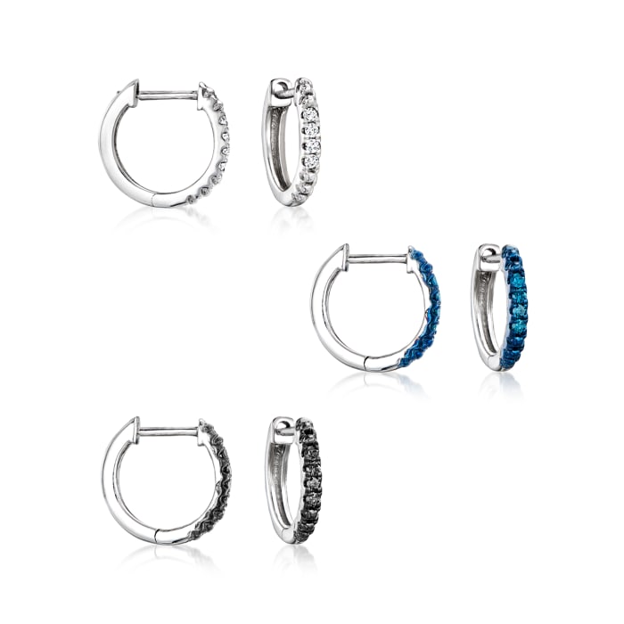 .25 ct. t.w. Multicolored Diamond Jewelry Set: Three Pairs of Huggie Hoop Earrings in Sterling Silver