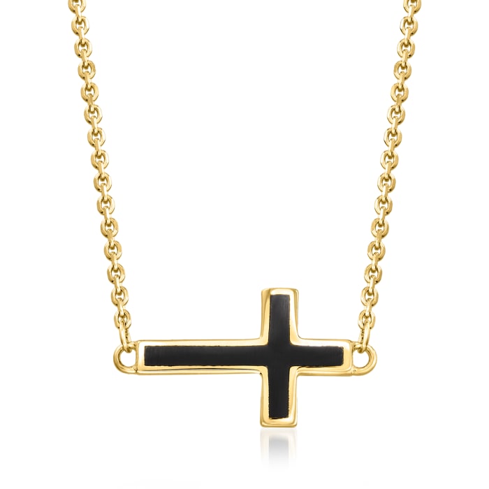 Black Enamel Sideways Cross Necklace in 14kt Yellow Gold