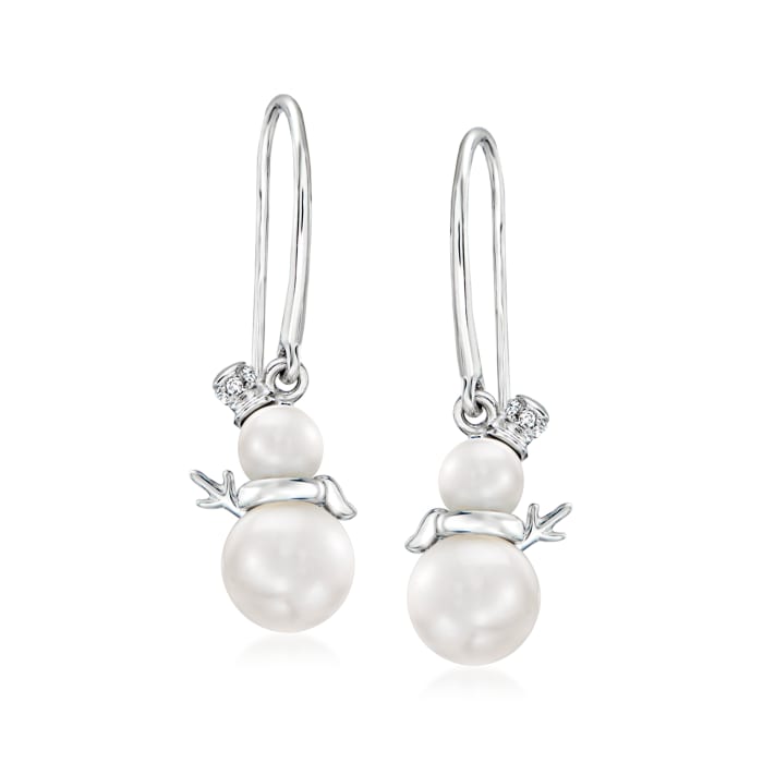 4-6.5mm Cultured Pearl Snowman Drop Earrings with Diamond Accents in Sterling Silver