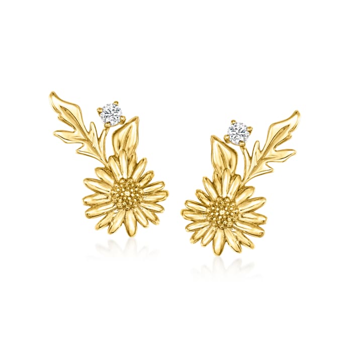 White Sapphire-Accented Daisy Flower Earrings in 14kt Yellow Gold