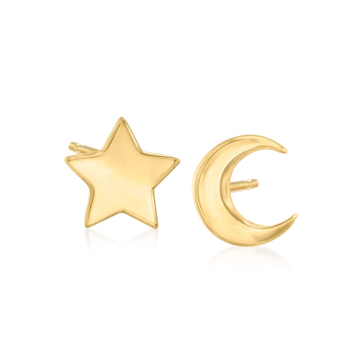 14kt Yellow Gold Star and Moon Mismatched Stud Earrings