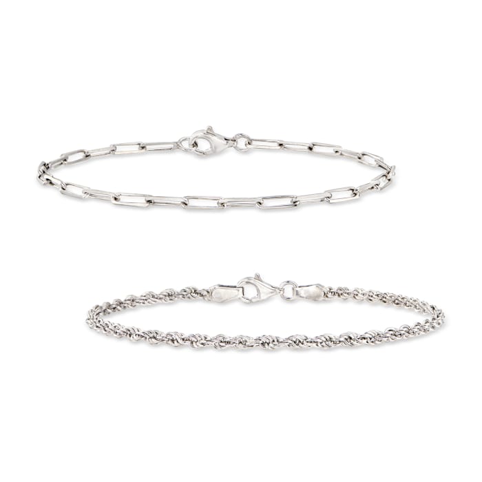 Sterling Silver Jewelry Set: Rope-Chain and Paper Clip Link Bracelets