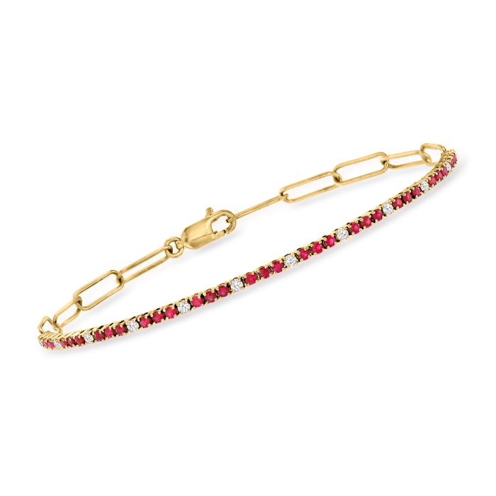 .80 ct. t.w. Ruby and .30 ct. t.w. Diamond Paper Clip Link Bracelet in 14kt Yellow Gold
