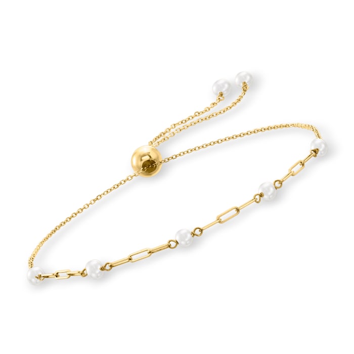 3-3.5mm Cultured Pearl and 14kt Yellow Gold Paper Clip Link Bolo Bracelet