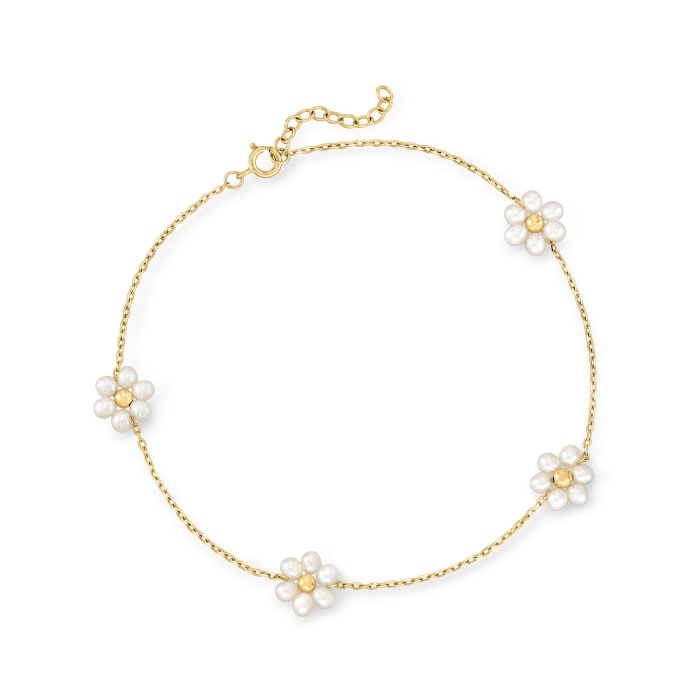 3-3.5mm Cultured Pearl Flower Station Anklet in 14kt Yellow Gold