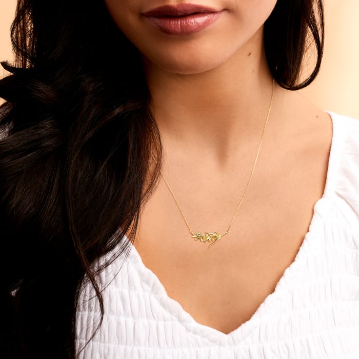 .10 Carat Peridot Gladiolus Flower Necklace in 14kt Yellow Gold 16-inch