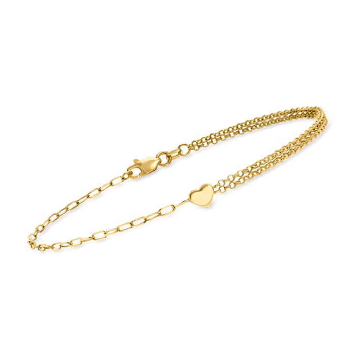 14kt Yellow Gold Rolo and Paper Clip Link Heart Bracelet