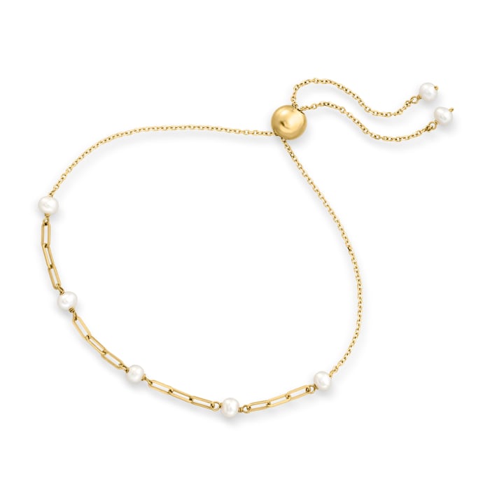 3-3.5mm Cultured Pearl and 14kt Yellow Gold Paper Clip Link Bolo Bracelet