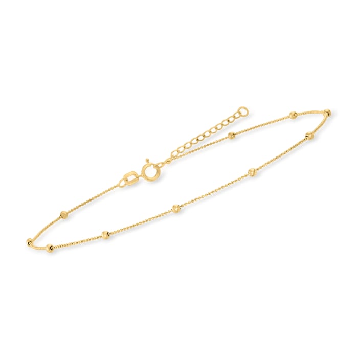 2mm 14kt Yellow Gold Diamond-Cut Bead Station Anklet