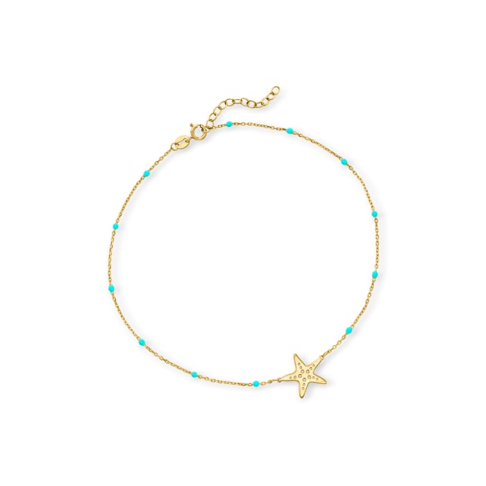 Italian 14kt Yellow Gold Starfish and Blue Enamel Station Anklet