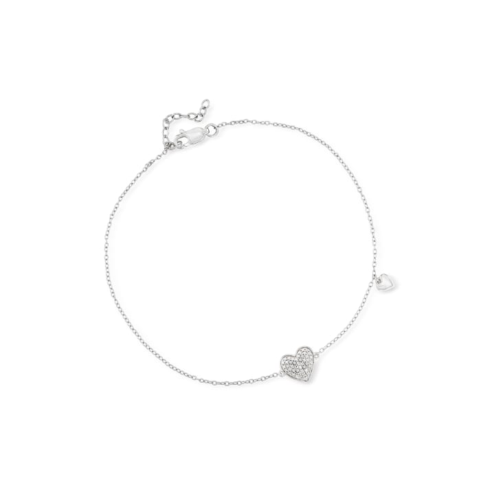 Diamond-Accented Heart Charm Anklet in Sterling Silver