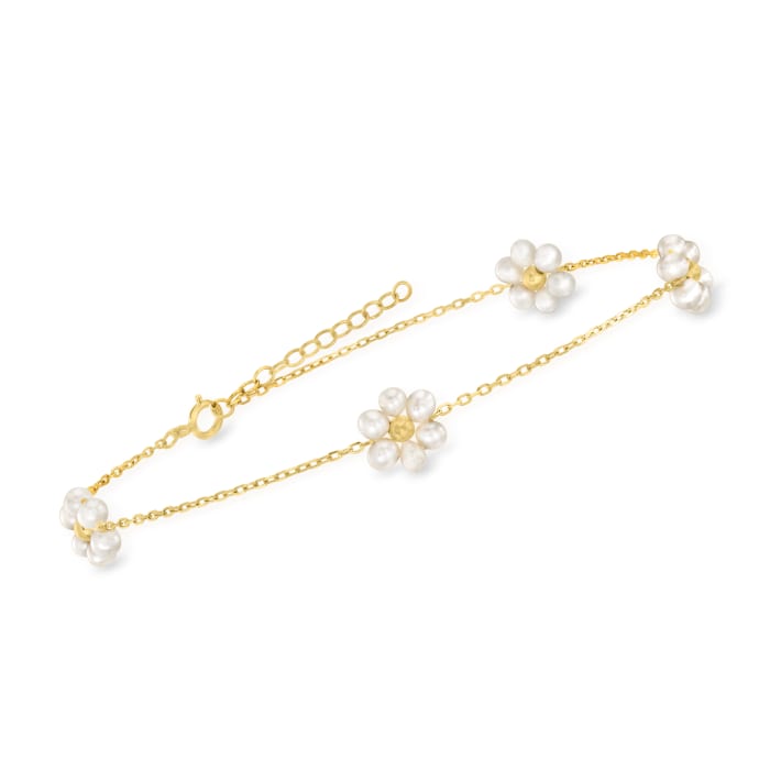 3-3.5mm Cultured Pearl Flower Station Anklet in 14kt Yellow Gold