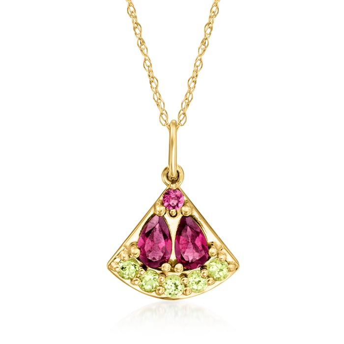 .54 ct. t.w. Rhodolite Garnet and .10 ct. t.w. Peridot Watermelon Pendant Necklace in 14kt Yellow Gold