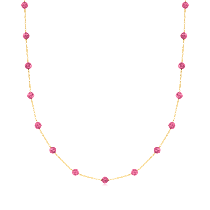 6.00 ct. t.w. Pink Tourmaline Bead Station Necklace in 14kt Yellow Gold