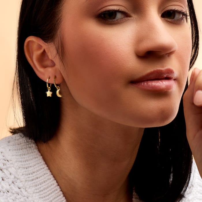 14kt Yellow Gold Removable Star and Moon Mismatched Hoop Drop Earrings