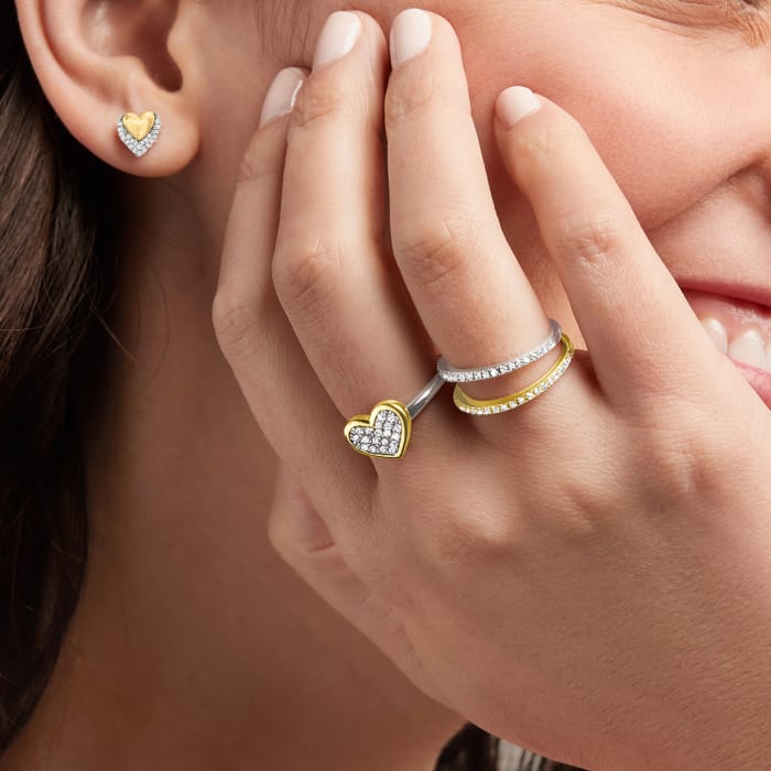 .10 ct. t.w. Diamond Heart Stud Earrings in Sterling Silver and 14kt Yellow Gold
