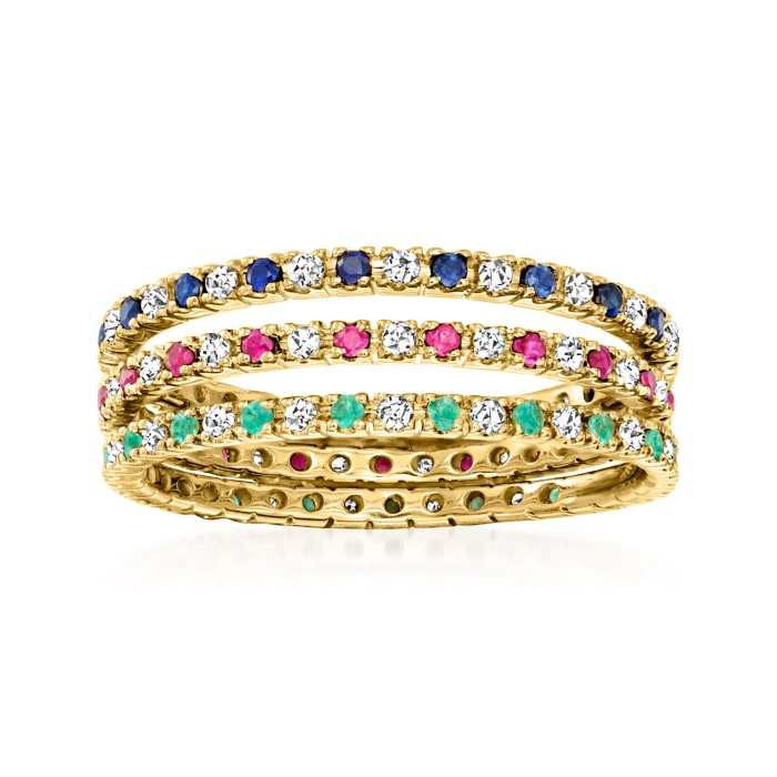 .42 ct. t.w. Diamond and .30 ct. t.w. Multi-Gemstone Jewelry Set: Three Eternity Bands in 14kt Yellow Gold