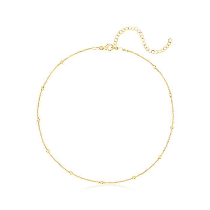 14kt Yellow Gold Bead Station Wheat-Chain Choker Necklace