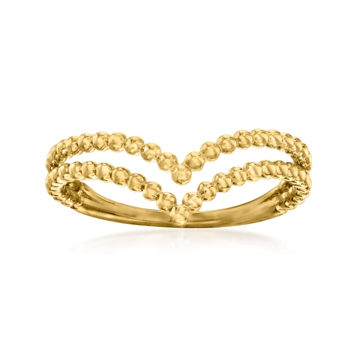 14kt Yellow Gold Two-Row Beaded V-Shaped Ring
