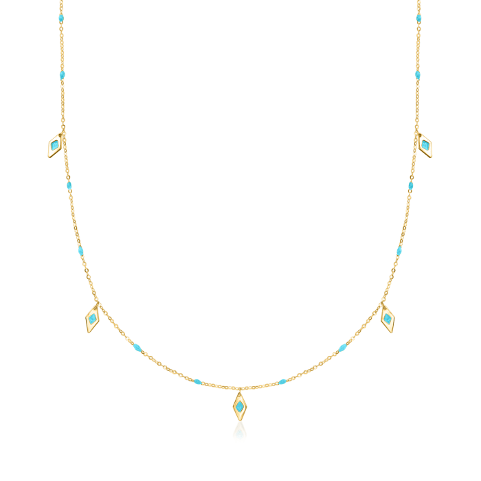 Italian Turquoise Enamel Geometric Station Necklace in 14kt Yellow Gold