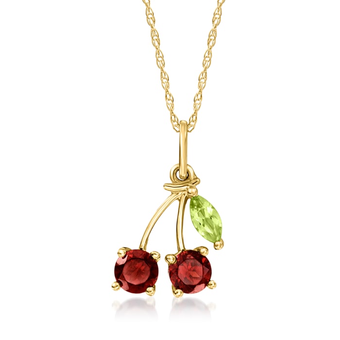.60 ct. t.w. Garnet and .10 ct. t.w. Peridot Cherry Pendant Necklace in 14kt Yellow Gold