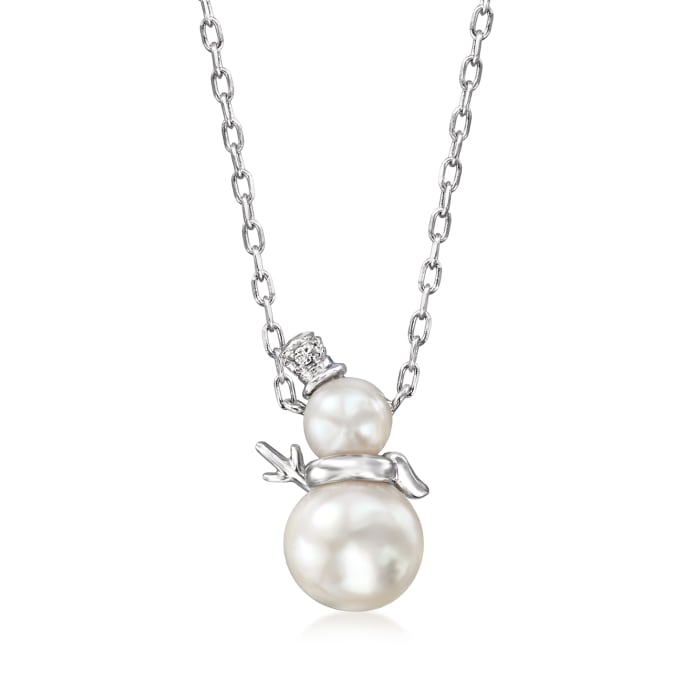 4-6.5mm Cultured Pearl Snowman Necklace with Diamond Accents in Sterling Silver