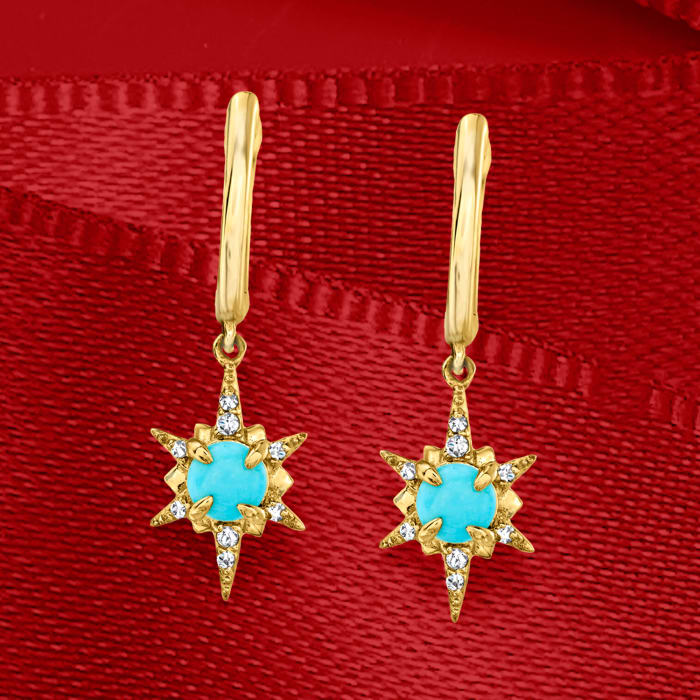 Turquoise North Star Drop Earrings with Diamond Accents in 14kt Yellow Gold