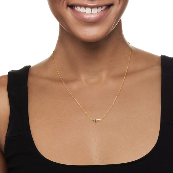 Black Enamel Sideways Cross Necklace in 14kt Yellow Gold 16-inch
