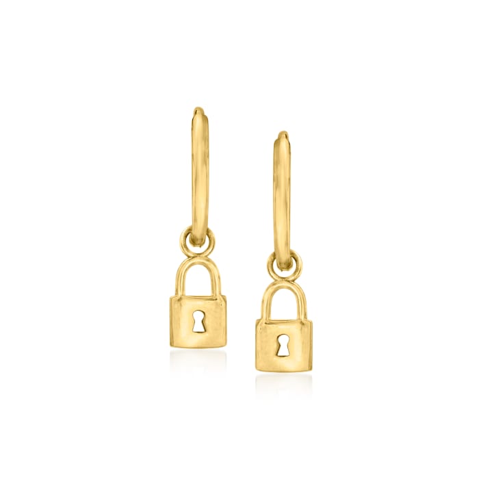 14kt Yellow Gold Lock Charm Huggie Hoop Earrings