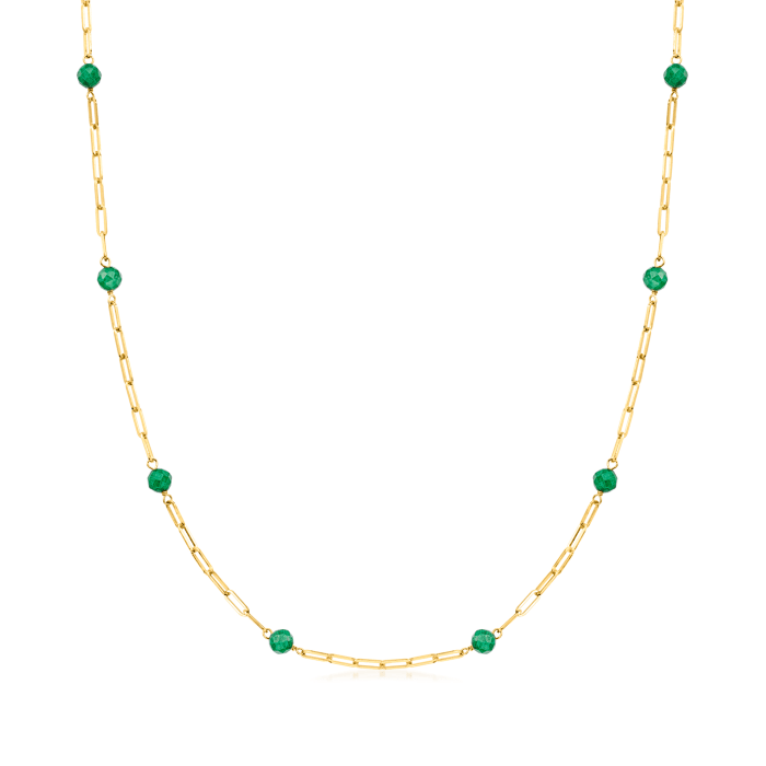 2.10 ct. t.w. Emerald Bead Station Paper Clip Link Necklace in 14kt Yellow Gold